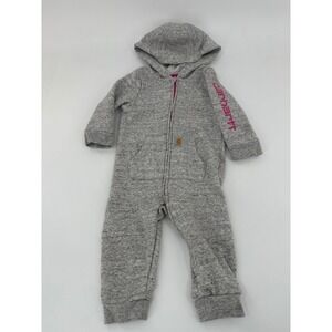 Carhartt Infant Girls Gray Pink Logo Fleece Hooded Full Zip Coverall Jumpsuit 9M